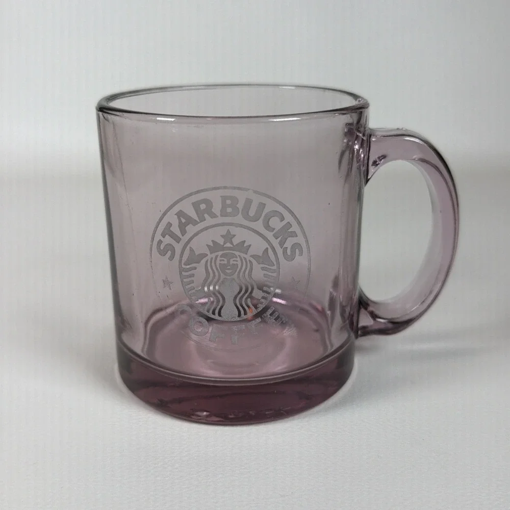 Vintage Starbucks Coffee Mug 1990s Clear Rose Pink Glass Etched Logo Made in USA